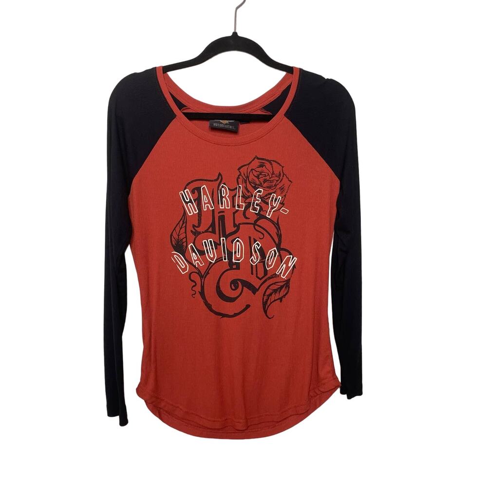 Harley-Davidson Ribbed Knit Long Sleeve Top Roses Spell‎ Out Logo Orange Black M